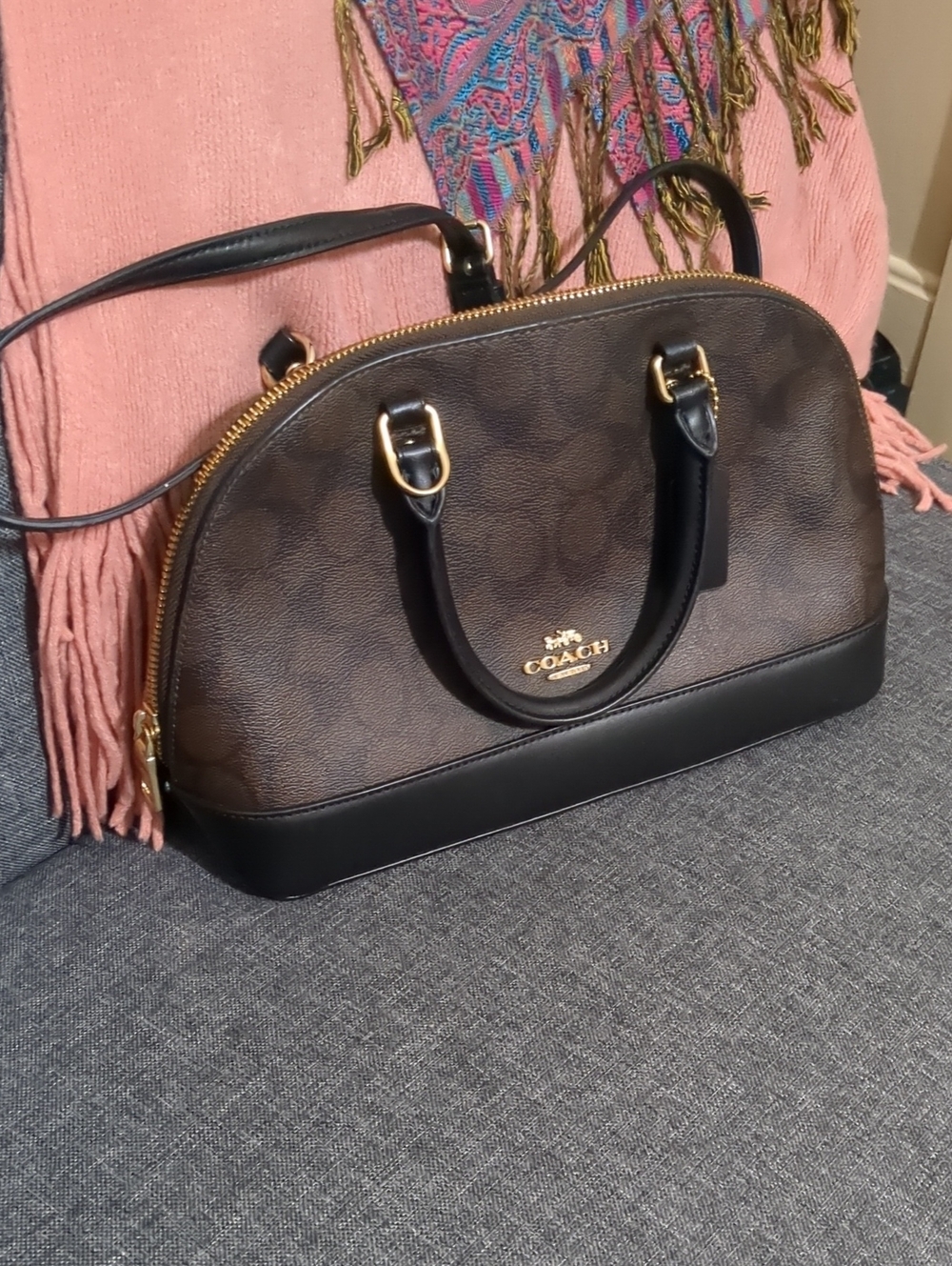 Coach Brown Signature Satchel with Black Trim and Gold Hardware